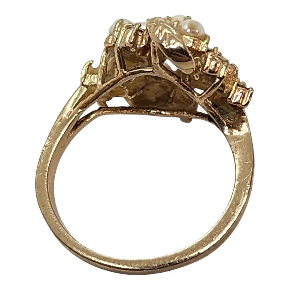 Vintage Genuine Pearl Rhinestone Cluster Cocktail Ring Floral Gold Plate Sz 6.75